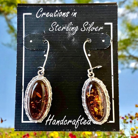 Amber Sterling Silver Dangle Drop Earrings Leverback Handcrafted New - Picture 2 of 7